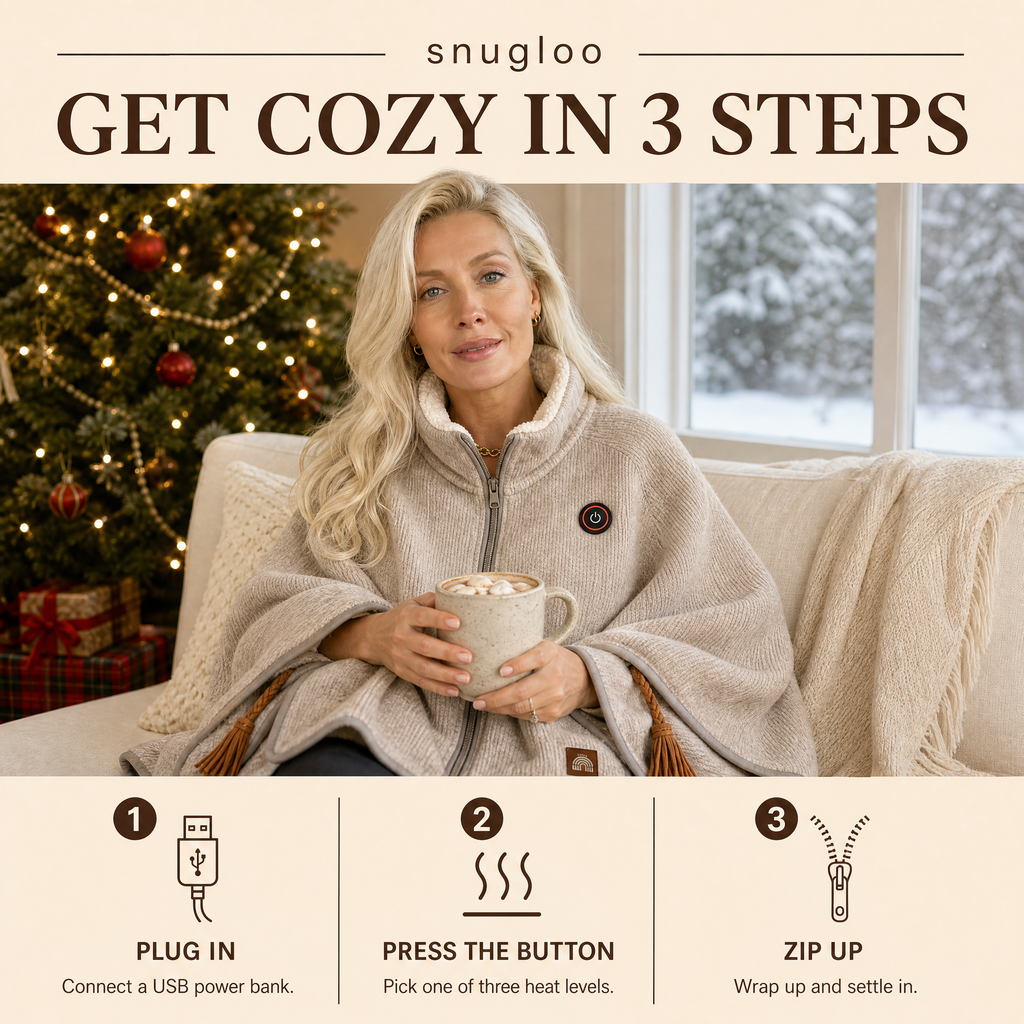Get cozy in 3 steps: plug in, press the button, zip up