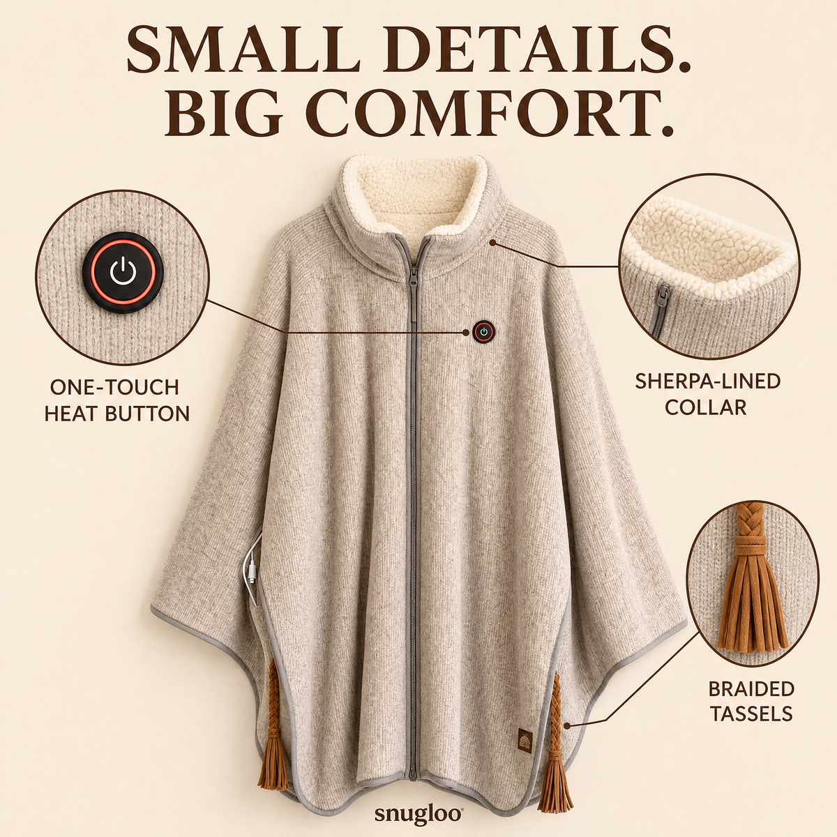 The heat button, sherpa collar and braided tassels up close