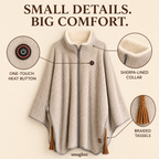 Details: one-touch heat button, sherpa-lined collar, braided tassels