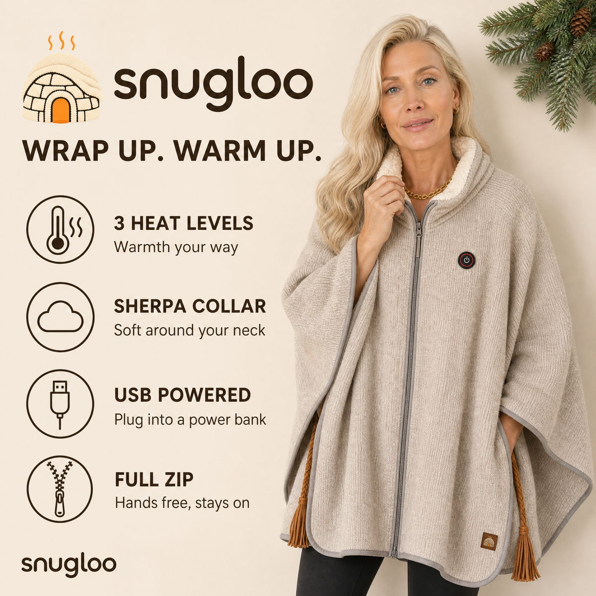 Snugloo heated wearable blanket: 3 heat levels, sherpa collar, USB powered, full zip