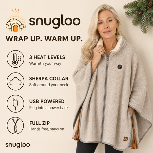 Snugloo heated wearable blanket: 3 heat levels, sherpa collar, USB powered, full zip