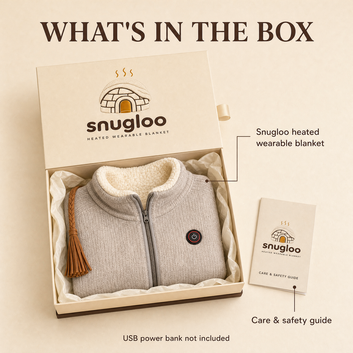 What's in the box: Snugloo heated wearable blanket and care & safety guide