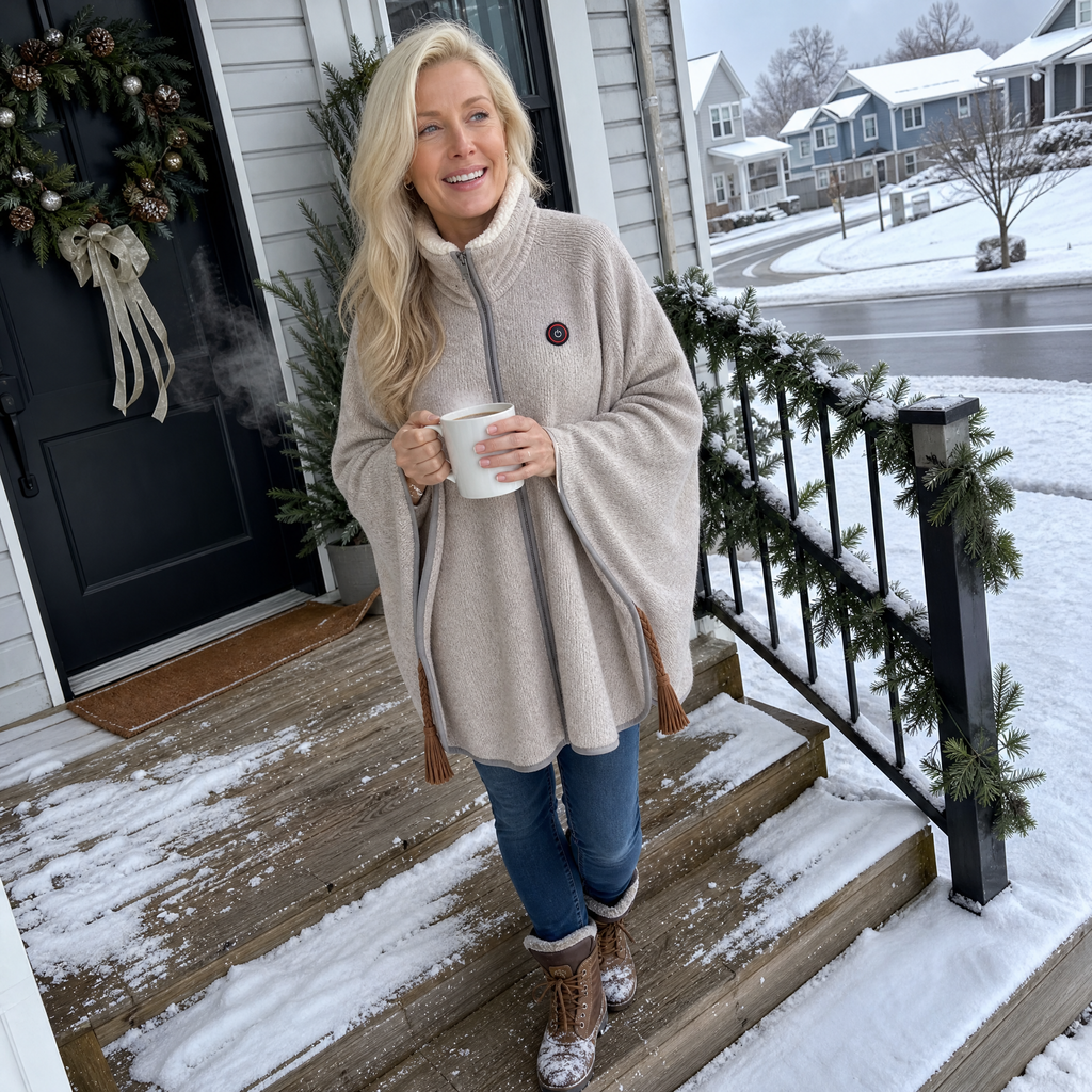 Morning coffee on a snowy porch in the Snugloo heated blanket