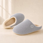 Gray ribbed-knit SnugToes heated slippers with fleece lining
